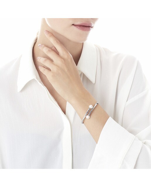 Pulsera Majorica Galatea de acero con perla blanca