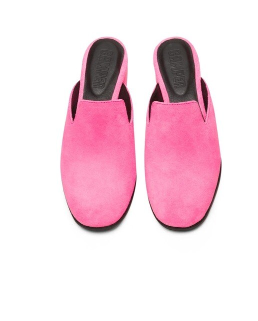 Mules de mujer Camper de piel rosa con tacón cuadrado