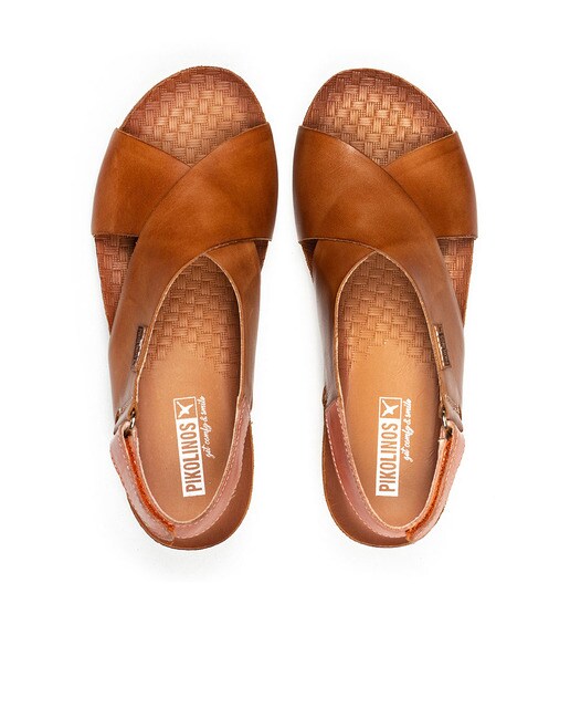 Sandalias de cuña de mujer Pikolinos de piel con velcro y pala cruzada en color marrón Sandalias de cuña de mujer Pikolinos de piel con velcro y pala cruzada en color marrón