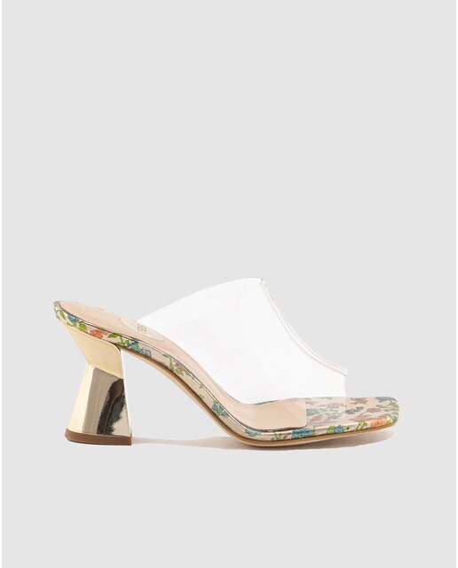 Mules de mujer Ras en vinilo transparente y piel de color oro