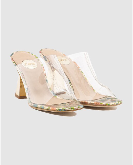 Mules de mujer Ras en vinilo transparente y piel de color oro