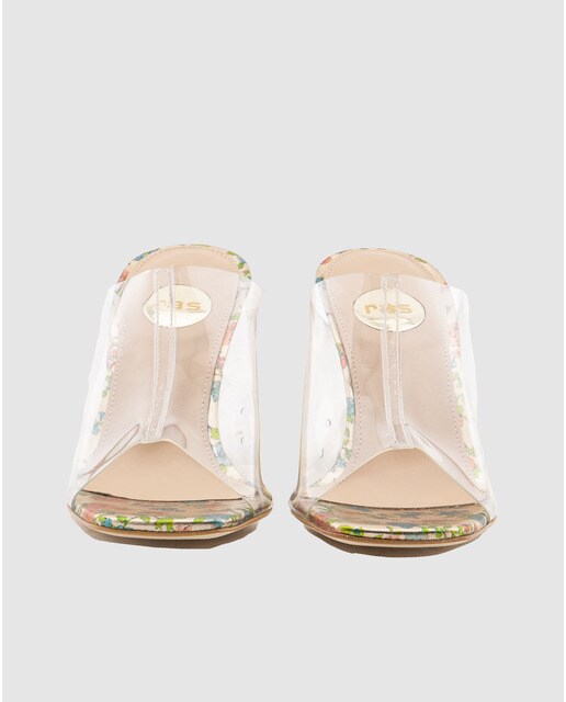 Mules de mujer Ras en vinilo transparente y piel de color oro