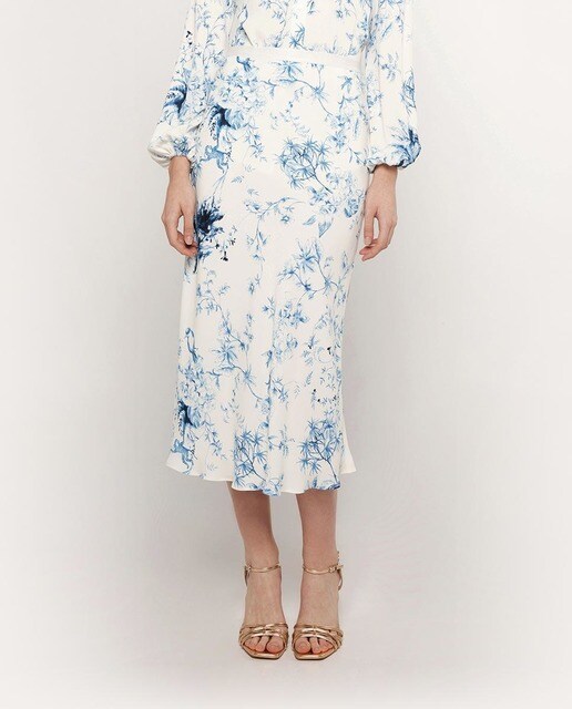 Falda midi al bies con estampado de flores