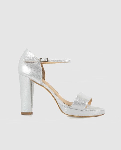 Sandalias de tacón de mujer Mr. Mac Shoes de ante laminado en color plata