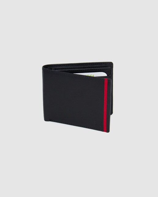 Cartera negra de piel con vivos rojos