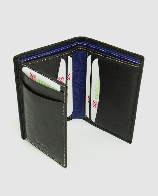 Cartera negra y azul de piel con capacidad para siete tarjetas