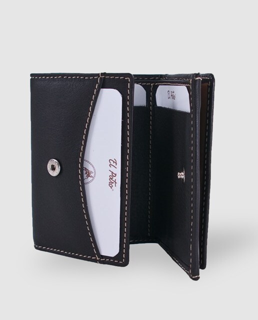 Cartera de piel negra con capacidad para seis tarjetas