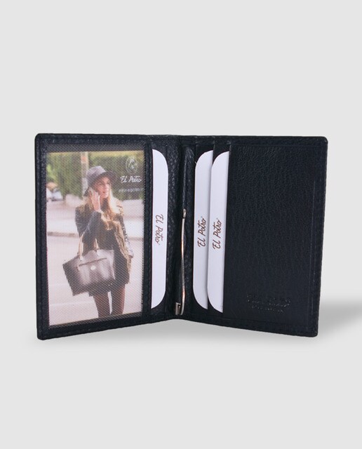 Cartera de piel negra con pinza para billetes