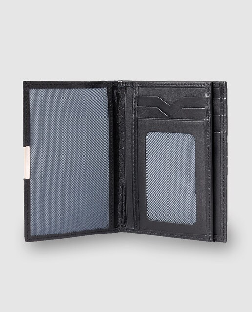 Cartera billetero de piel negra con detalle plateado