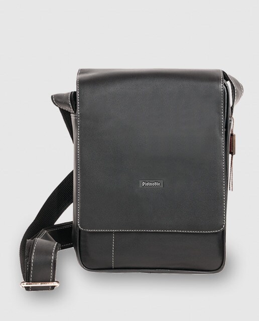 Bandolera de piel negra con pespunte para tablet