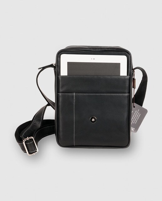 Bandolera de piel negra con pespunte para tablet