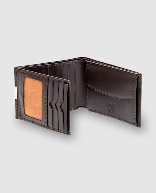 Billetero americano de piel marrón con detalle plateado