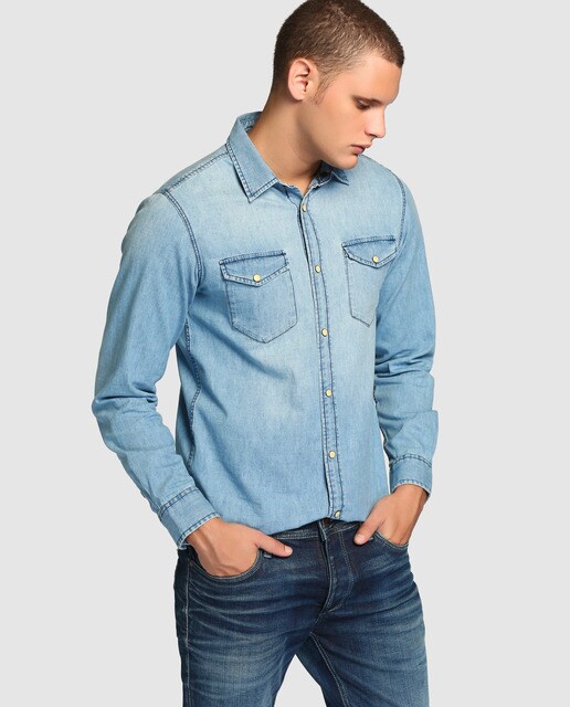 Camisa vaquera de hombre Jack & Jones lisa azul