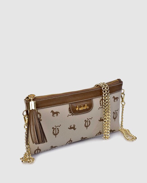 Cartera de mano mediana de piel en beige con asa de cadena extraíble