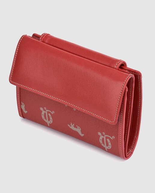 Cartera mediana de piel roja estampada con solapa de mujer