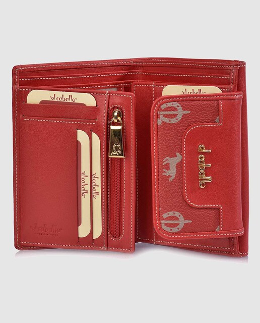 Cartera mediana de piel roja estampada con solapa de mujer