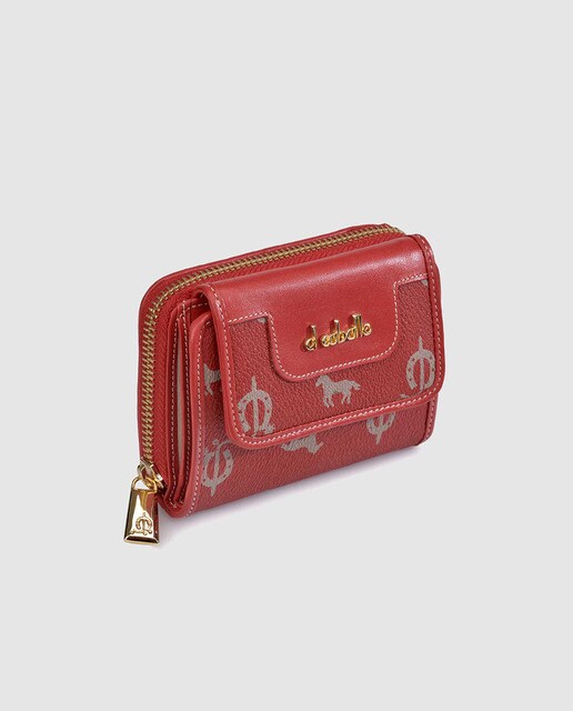 Cartera pequeña de piel roja estampada con cremallera de mujer