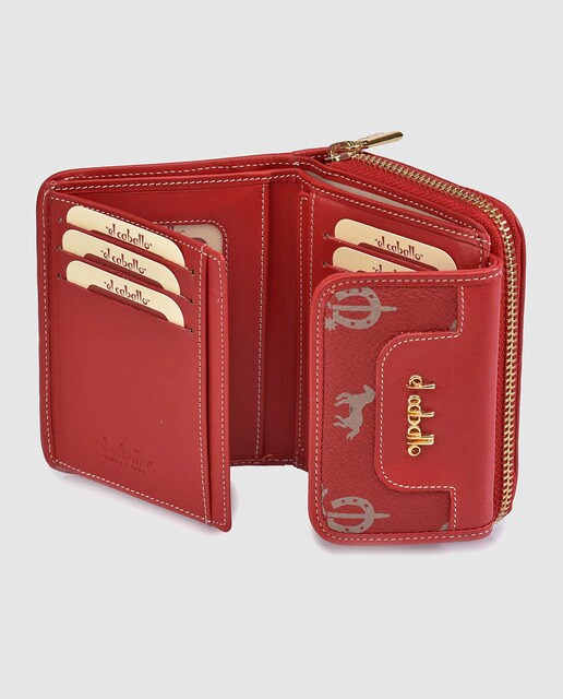 Cartera pequeña de piel roja estampada con cremallera de mujer