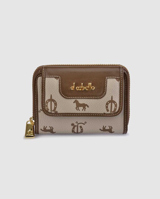 Cartera pequeña de piel beige estampada con cremallera de mujer