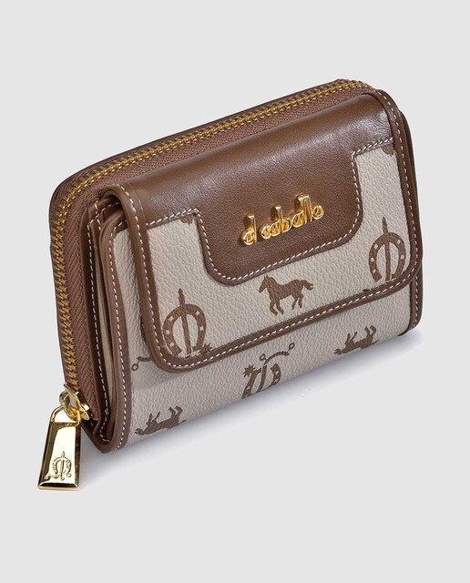 Cartera pequeña de piel beige estampada con cremallera de mujer