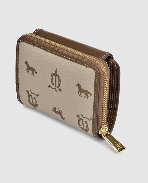 Cartera pequeña de piel beige estampada con cremallera de mujer