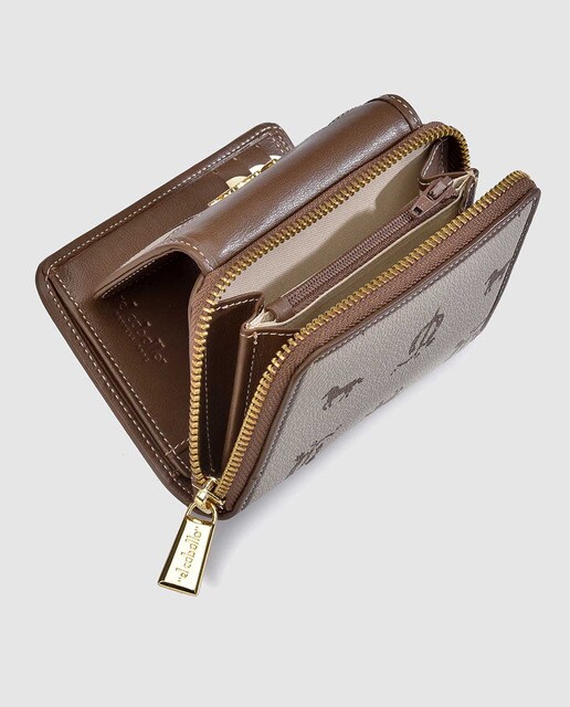 Cartera pequeña de piel beige estampada con cremallera de mujer