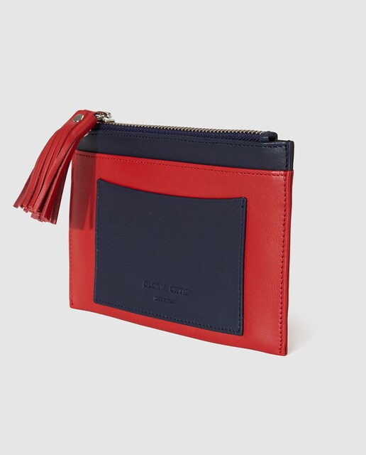 Monedero de mujer en piel Sofía en color azul marino y rojo