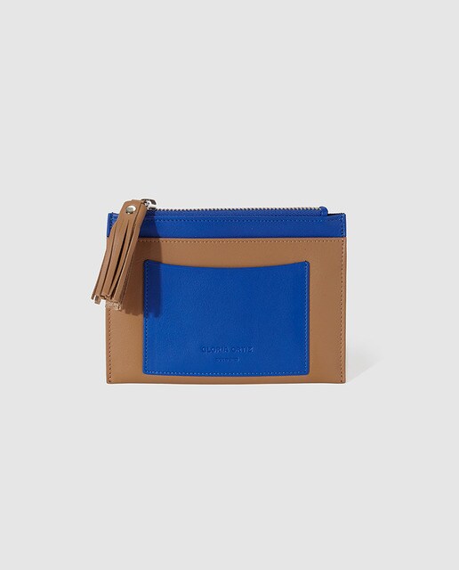 Monedero de mujer en piel Sofía de color camel y azul