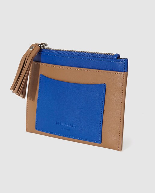 Monedero de mujer en piel Sofía de color camel y azul