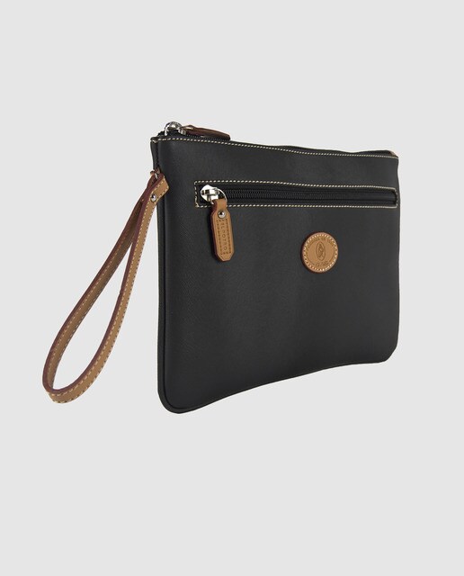 Cartera de mano de lona y piel en color negro con bolsillo exterior
