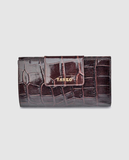 Cartera de piel coco marrón con solapa de mujer