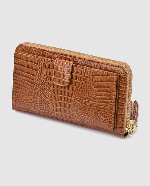 Cartera mediana de piel coco marrón con cremallera de mujer