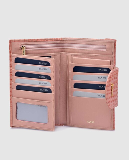 Cartera grande de piel rosa negra con solapas de mujer