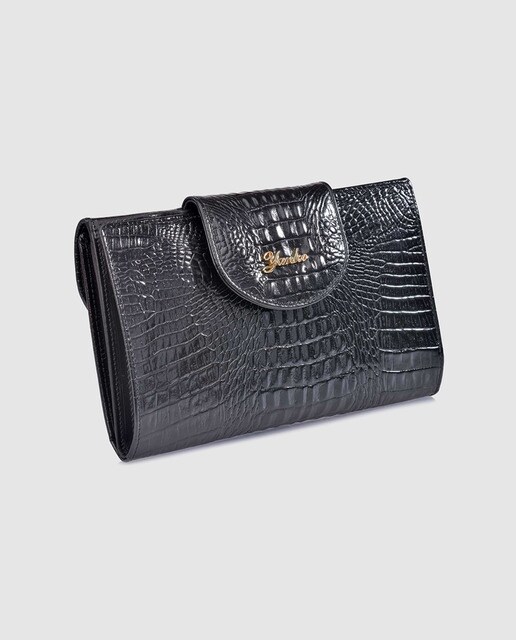 Cartera grande de piel coco negra con solapas de mujer