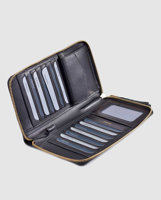 Cartera grande de piel coco negra con cremallera de mujer