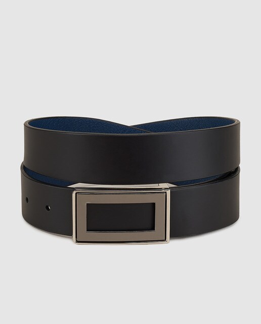 Cinturón de piel reversible en negro y azul marino