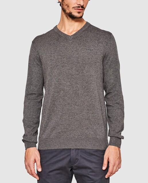 Jersey de hombre Esprit básico gris con cuello de pico