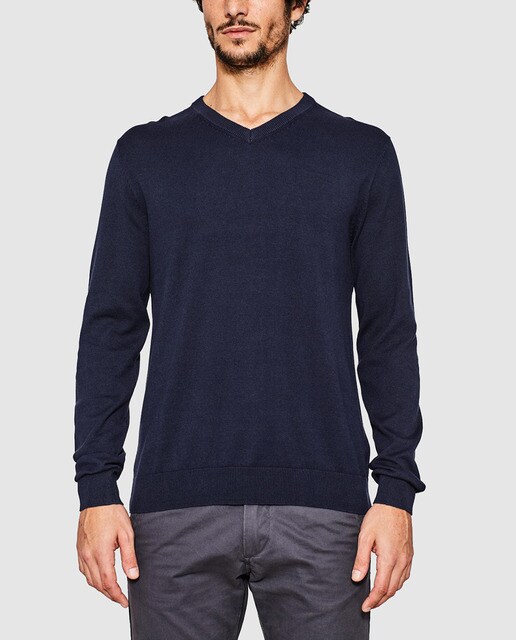 Jersey de hombre Esprit básico azul con cuello de pico