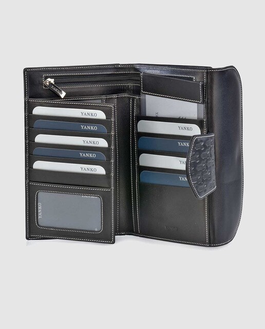 Cartera de mujer de piel en negro con logos