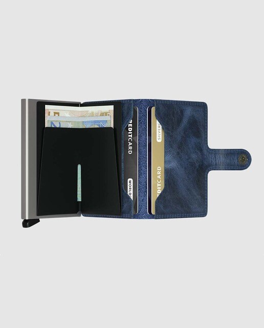 Tarjetero rígido de cuero y aluminio en azul