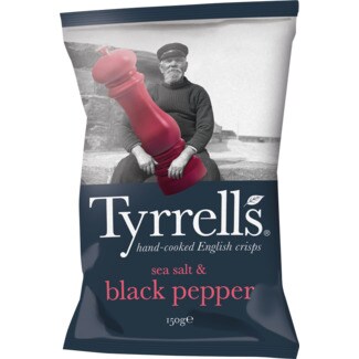 Tyrrell's Batatas Fritas com Sal e Pimenta Preta embalagem 150 g