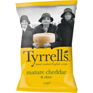 Tyrrell's Batatas Fritas com Queijo Cheddar e Cebolinho embalagem 150 g