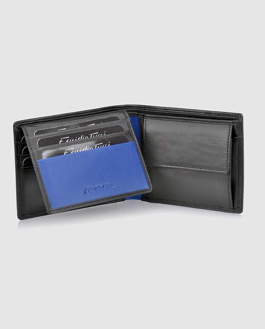 Cartera de piel trenzada negra con monedero