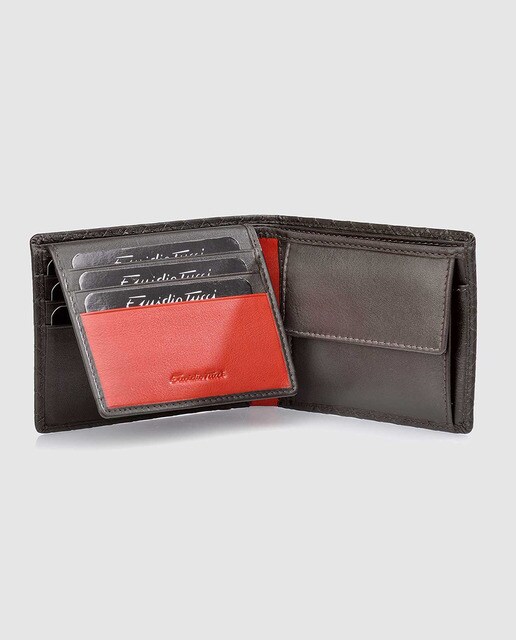Cartera de piel trenzada marrón con monedero