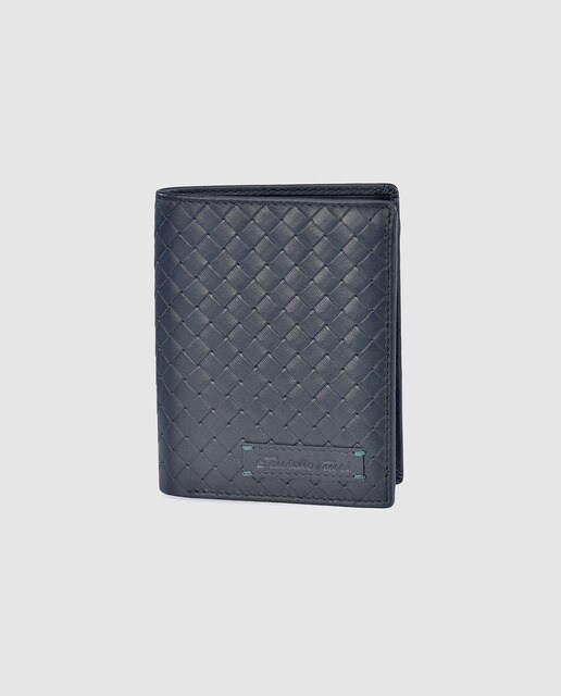 Cartera mediana de hombre en piel azul marino trenzada