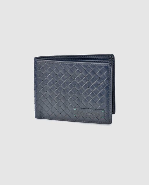 Cartera tipo americano de hombre en piel trenzada azul marino con monedero