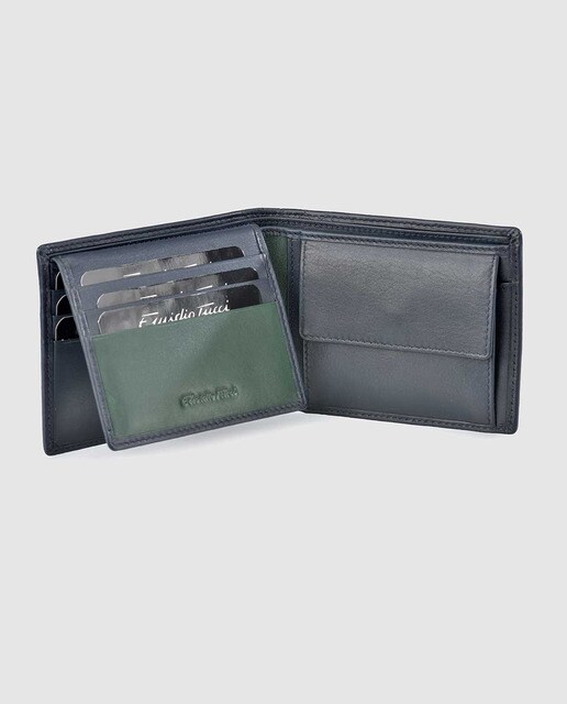 Cartera tipo americano de hombre en piel trenzada azul marino con monedero