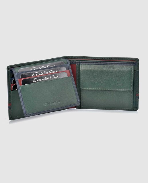 Cartera tipo americano de hombre en piel de color verde con monedero