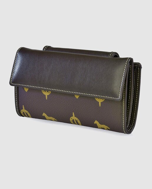 Cartera grande de mujer en piel y lona de color marrón. Hecho en España.