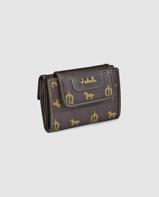 Cartera mediana de mujer en piel y lona de color marrón. Hecho en España.